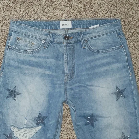 NWOT HUDSON Riley Distressed Rhinestone Button Fly Light Relaxed Jeans - Picture 3 of 16